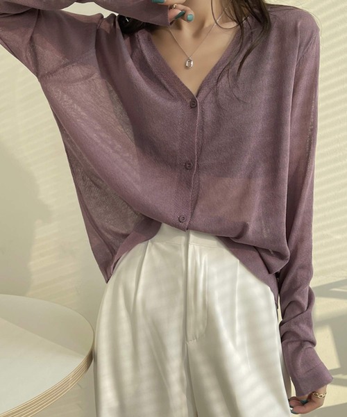 shopnikoniko（ショップニコニコ）の「カーディガン 秋冬 薄手 長袖 シアー ロング Vネック シアーカーディガン（カーディガン/ボレロ・レディース・ホワイト/ブラック/パープル/ピンク/ブルー・フリー）」の18枚目の写真