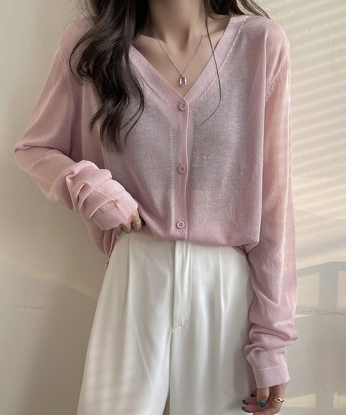 shopnikoniko（ショップニコニコ）の「カーディガン 秋冬 薄手 長袖 シアー ロング Vネック シアーカーディガン（カーディガン/ボレロ・レディース・ホワイト/ブラック/パープル/ピンク/ブルー・フリー）」の22枚目の写真