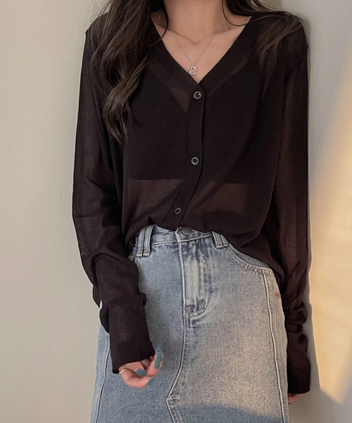 shopnikoniko（ショップニコニコ）の「カーディガン 秋冬 薄手 長袖 シアー ロング Vネック シアーカーディガン（カーディガン/ボレロ・レディース・ホワイト/ブラック/パープル/ピンク/ブルー・フリー）」の13枚目の写真