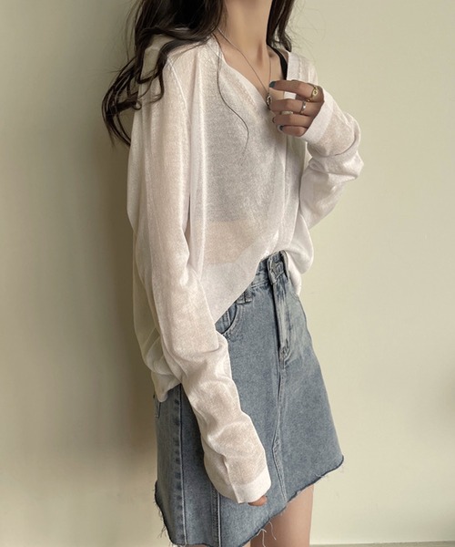 shopnikoniko（ショップニコニコ）の「カーディガン 秋冬 薄手 長袖 シアー ロング Vネック シアーカーディガン（カーディガン/ボレロ・レディース・ホワイト/ブラック/パープル/ピンク/ブルー・フリー）」の16枚目の写真