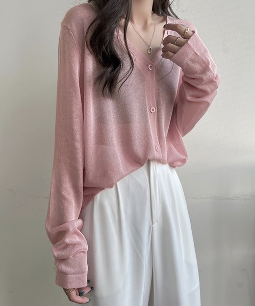 shopnikoniko（ショップニコニコ）の「カーディガン 秋冬 薄手 長袖 シアー ロング Vネック シアーカーディガン（カーディガン/ボレロ・レディース・ホワイト/ブラック/パープル/ピンク/ブルー・フリー）」の20枚目の写真