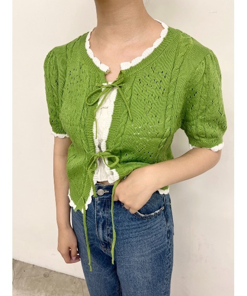 PHILLY（フィリー）の「カギ編みリボン半袖カーディガン（カーディガン/ボレロ・レディース・ホワイト/ブラック/グリーン・FREE）」の3枚目の写真