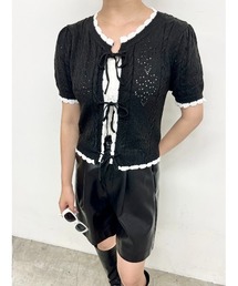 カギ編みリボン半袖カーディガン