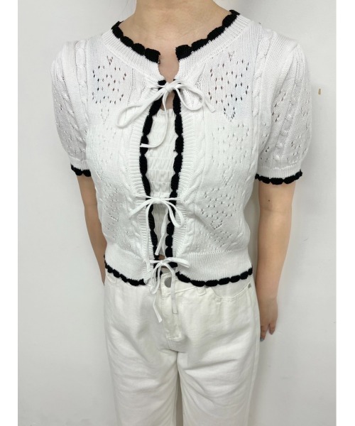 PHILLY（フィリー）の「カギ編みリボン半袖カーディガン（カーディガン/ボレロ・レディース・ホワイト/ブラック/グリーン・FREE）」の4枚目の写真