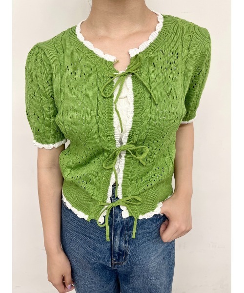 PHILLY（フィリー）の「カギ編みリボン半袖カーディガン（カーディガン/ボレロ・レディース・ホワイト/ブラック/グリーン・FREE）」の10枚目の写真