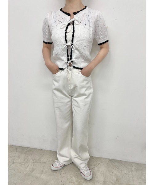 PHILLY（フィリー）の「カギ編みリボン半袖カーディガン（カーディガン/ボレロ・レディース・ホワイト/ブラック/グリーン・FREE）」の5枚目の写真