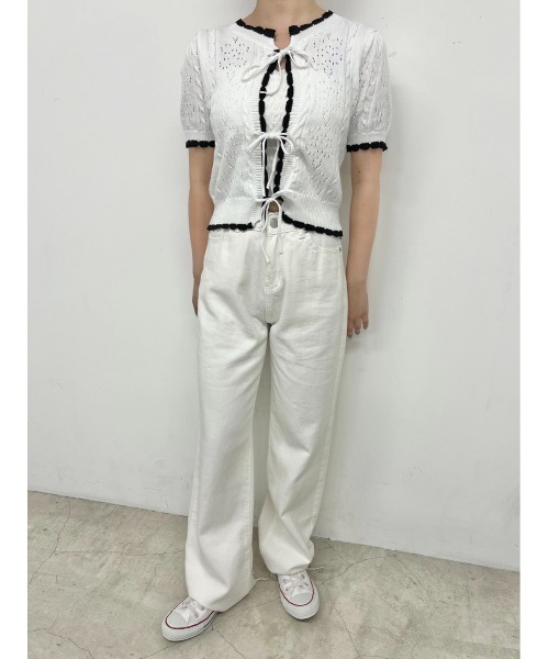 PHILLY（フィリー）の「カギ編みリボン半袖カーディガン（カーディガン/ボレロ・レディース・ホワイト/ブラック/グリーン・FREE）」の6枚目の写真