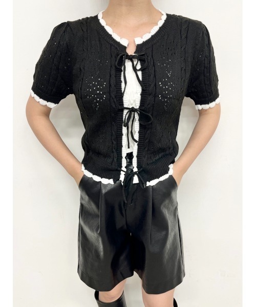 PHILLY（フィリー）の「カギ編みリボン半袖カーディガン（カーディガン/ボレロ・レディース・ホワイト/ブラック/グリーン・FREE）」の7枚目の写真