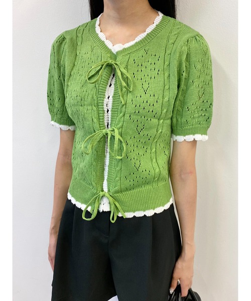 PHILLY（フィリー）の「カギ編みリボン半袖カーディガン（カーディガン/ボレロ・レディース・ホワイト/ブラック/グリーン・FREE）」の12枚目の写真
