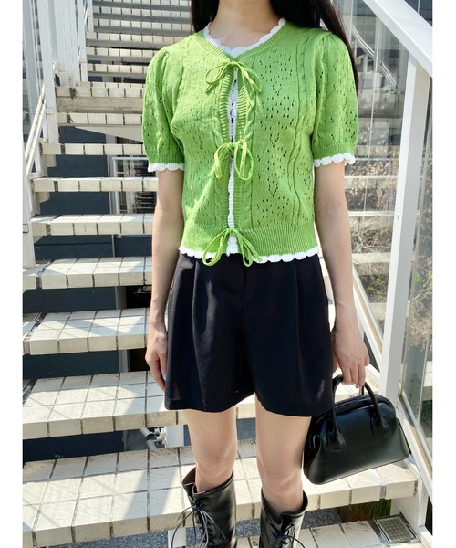 PHILLY（フィリー）の「カギ編みリボン半袖カーディガン（カーディガン/ボレロ・レディース・ホワイト/ブラック/グリーン・FREE）」の13枚目の写真