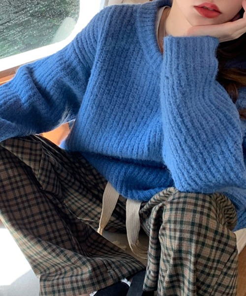 VitaFelice（ヴィータフェリーチェ）の「ざっくり編みボリュームカラーニット（ニット/セーター・レディース・イエロー/ブルー・FREE）」の8枚目の写真