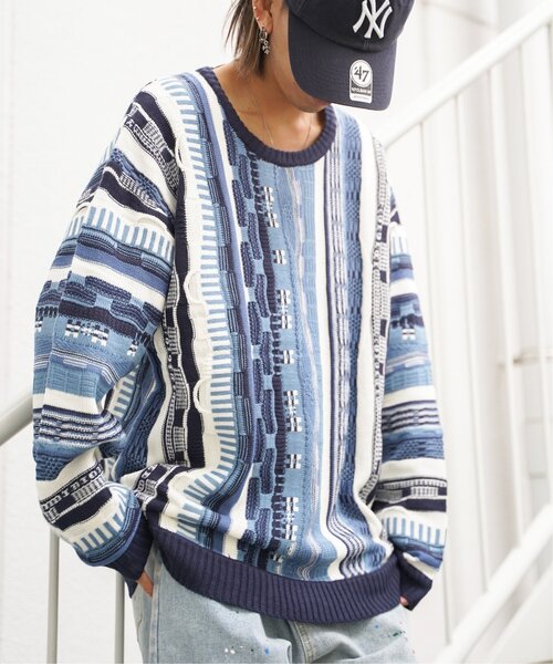 VENCEEXCHANGE（ヴァンスエクスチェンジ）の「クージーニットプルオーバー/ヴィンテージライク/3Dニット/ジャガードストライプ柄プルオーバーニット（ニット/セーター・メンズ・ネイビー/ブラック/ブラウン・M/L）」の3枚目の写真