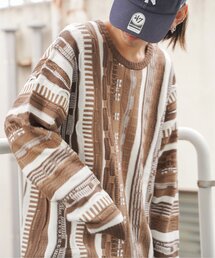 クージーニットプルオーバー/ヴィンテージライク/3Dニット/ジャガードストライプ柄プルオーバーニット