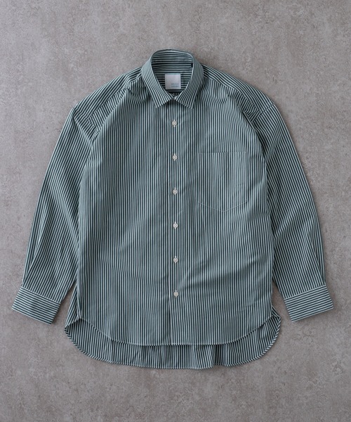 BRICK & SONS（ブリックアンドサンズ）の「リラックスバックプリーツシャツ＜グリーンストライプ＞（シャツ/ブラウス・メンズ・グリーン・XS/S/M/L/LL）」の8枚目の写真