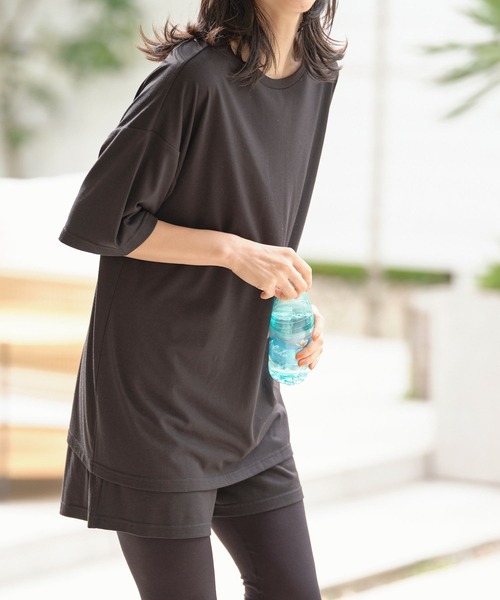 KOBE LETTUCE（コウベレタス）の「[CandyCool]UVカットTシャツ×ショートパンツセットアップ（セットアップ・レディース・ブルーグリーン/グレイッシュベージュ/ブラック・FREE）」の2枚目の写真