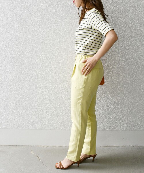 美品　SHIPS　ストレートパンツ　サフィランリネン　ウエストゴム洗濯可　涼しい SHIPS スラックス パンツ 「手洗い可能」ストライプ ツイル
