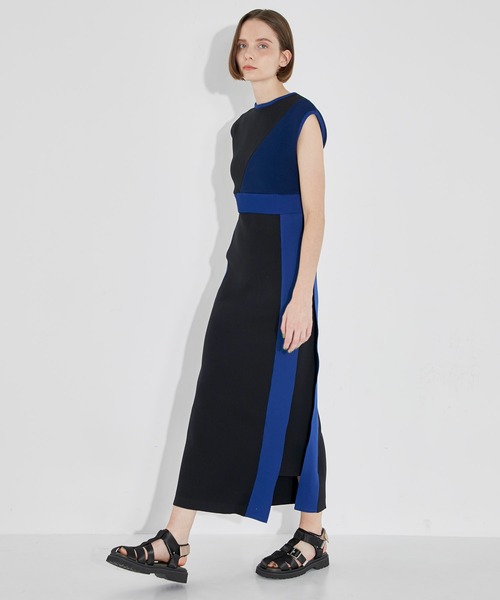 CITY TOKYO（シティトウキョウ）の「【手洗い可能】【サマーニット】カラーブロッキングニットワンピース（ワンピース・レディース・ブラック/ベージュ/グリーン・1/2）」の4枚目の写真