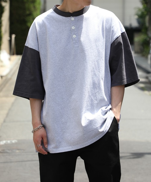 Goodwear(グッドウェア)の「【Goodwear】配色ヘンリーネック S/S SUPER BIG TEE U.S.A COTTON ※2W7-13206(Tシャツ/カットソー・メンズ・ネイビー/グレー/ホワイト/ブラック/グリーン/グレイッシュベージュ・XL/M/L)」の3枚目の写真