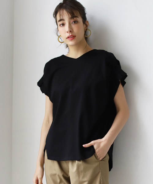 REAL CUBE（リアルキューブ）の「ドライタッチコットンフリルTシャツ（Tシャツ/カットソー・レディース・ブラック/オフホワイト/キャメル・M）」の2枚目の写真