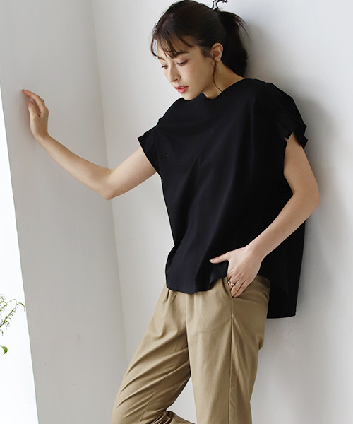 REAL CUBE（リアルキューブ）の「ドライタッチコットンフリルTシャツ（Tシャツ/カットソー・レディース・ブラック/オフホワイト/キャメル・M）」の7枚目の写真