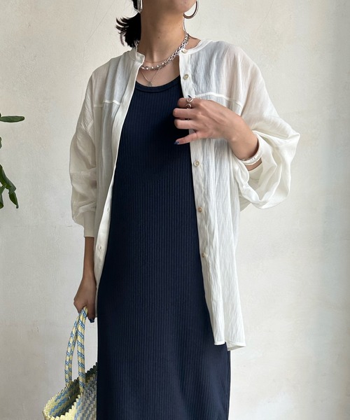 DouDou（ドゥドゥ）の「袖リブシアー切替シャツ（シャツ/ブラウス・レディース・パープル/オフホワイト/ブラウン・FREE）」の2枚目の写真