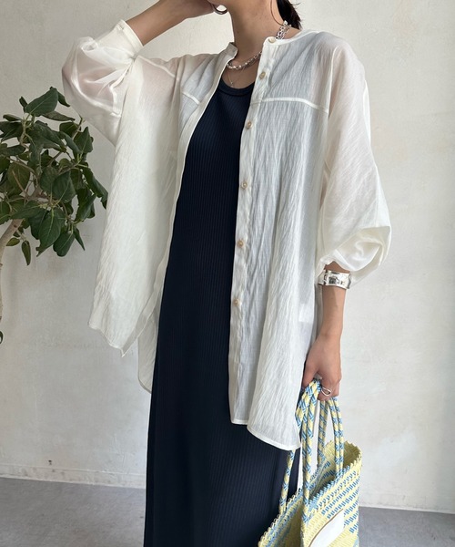 DouDou（ドゥドゥ）の「袖リブシアー切替シャツ（シャツ/ブラウス・レディース・パープル/オフホワイト/ブラウン・FREE）」の13枚目の写真