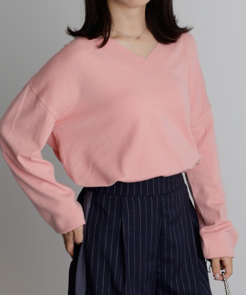 RANAN（ラナン）の「[ウォッシャブル]もちもちVネックニット（ニット/セーター・レディース・杢グレー/ブラック/ミント/ピンク/ブラウン/ネイビー/ライトパープル・L/LL/M）」の7枚目の写真