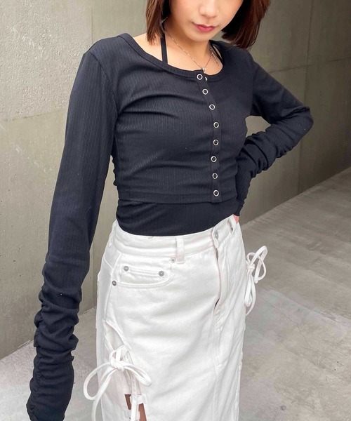 SPIRALGIRL（スパイラルガール）の「フロントボタン袖ギャザーアンサンブルトップス（Tシャツ/カットソー・レディース・イエロー/グレー/ブラック・FREE）」の2枚目の写真