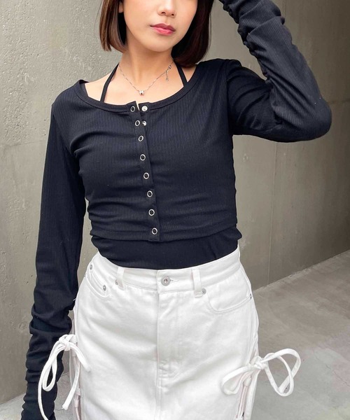 SPIRALGIRL（スパイラルガール）の「フロントボタン袖ギャザーアンサンブルトップス（Tシャツ/カットソー・レディース・イエロー/グレー/ブラック・FREE）」の15枚目の写真