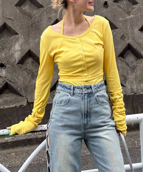 SPIRALGIRL（スパイラルガール）の「フロントボタン袖ギャザーアンサンブルトップス（Tシャツ/カットソー・レディース・イエロー/グレー/ブラック・FREE）」の18枚目の写真