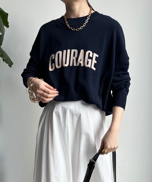 DouDou(ドゥドゥ)の「【前後2WAY】COURAGEロゴニット(ニット/セーター・レディース・オフホワイト/ライトグレー/ネイビー・FREE)」の3枚目の写真