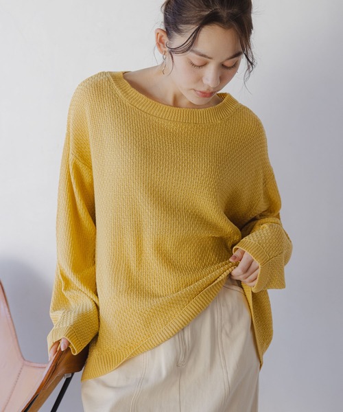 mysty woman(ミスティウーマン)の「ボリュームスリーブカノコ編みプルオーバー 108220(Tシャツ/カットソー・レディース・チャコールグレー/イエロー/アイボリー・FREE)」の3枚目の写真