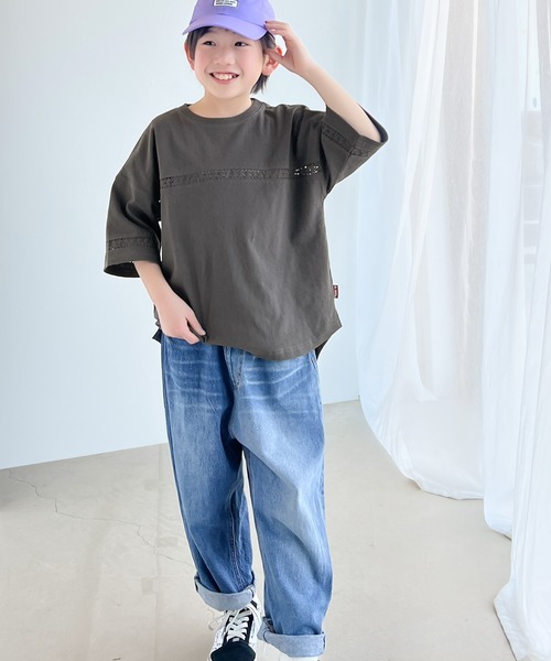 Java(ジャバ)の「《JaVa ジャバコラボ》オシャレ上級者の装いに!オーガニックコットン混 綿100%ハシゴレースフットボールTEE(Tシャツ/カットソー・キッズ・ホワイト/チャコール・100/120/140/160)」の4枚目の写真