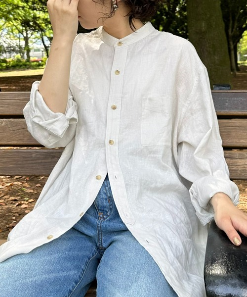 CIAOPANIC TYPY（チャオパニックティピー）の「リネンレーヨンバンドカラーシャツ（シャツ/ブラウス・メンズ・ベージュ系その他/オレンジ/ネイビー/ホワイト/グリーン/グレー/チャコールグレー/ブラック・MEDIUM/SMALL/LARGE）」の5枚目の写真