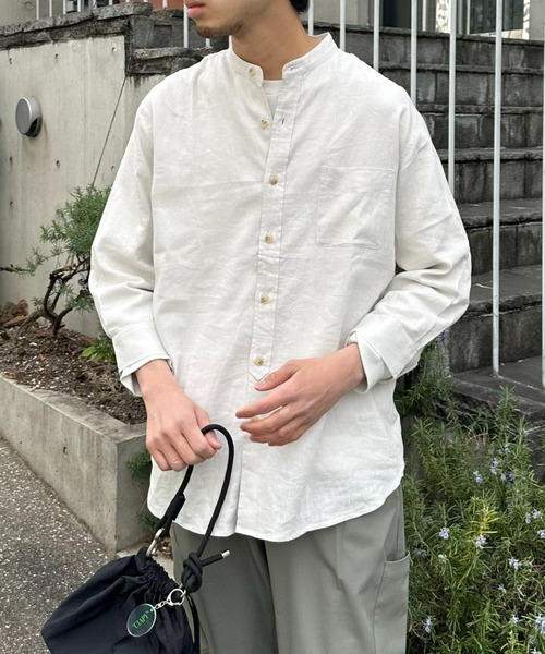 CIAOPANIC TYPY（チャオパニックティピー）の「リネンレーヨンバンドカラーシャツ（シャツ/ブラウス・メンズ・ベージュ系その他/オレンジ/ネイビー/ホワイト/グリーン/グレー/チャコールグレー/ブラック・MEDIUM/SMALL/LARGE）」の16枚目の写真