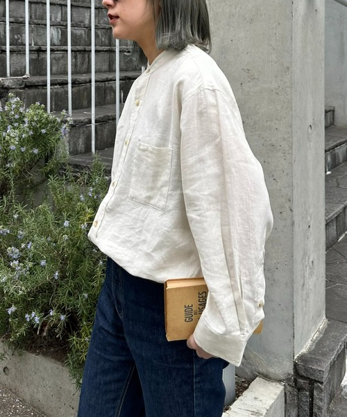 CIAOPANIC TYPY（チャオパニックティピー）の「リネンレーヨンバンドカラーシャツ（シャツ/ブラウス・メンズ・ベージュ系その他/オレンジ/ネイビー/ホワイト/グリーン/グレー/チャコールグレー/ブラック・MEDIUM/SMALL/LARGE）」の13枚目の写真