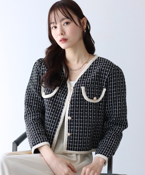 セール】パールボタンツイード風ジャケット（ノーカラー