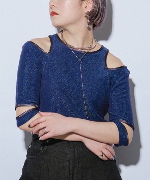 Ezick ANNONIM(エジックアノニム)の「Mode cut メタリックトップス(Tシャツ/カットソー・レディース・ネイビー系/ブラック/シルバー・FREE)」の1枚目の写真
