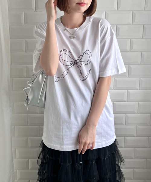 HERMES リボンプリント　Tシャツ　グレージュリボン　XLサイズ リボンプリントバレエコアビッグTシャツ ／ ribbon print ballet core