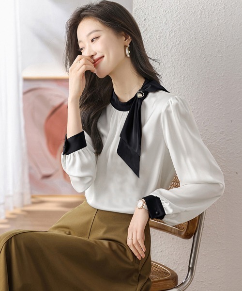Miniministore(ミニミニストア)の「ボウタイサテンブラウス バイカラーシャツ(シャツ/ブラウス・レディース・モカ/ブラック・M/L/XL)」の6枚目の写真