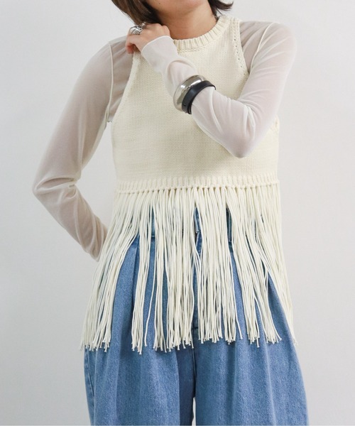 HYKE フリンジジレ hyke ニット ベスト フリンジ 即完売 ネック