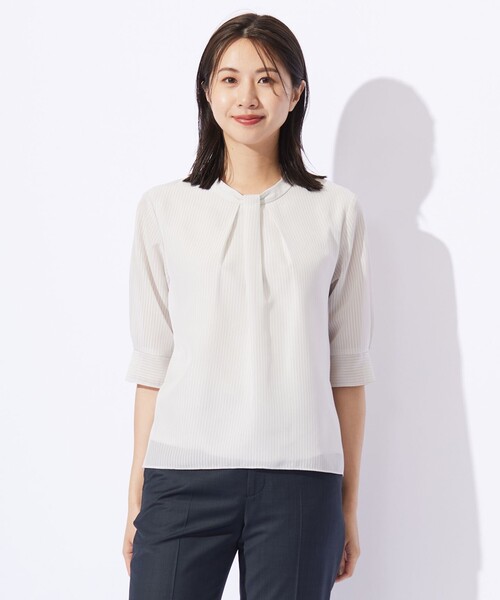 tシャツ シャドーストライプ ボウタイ風 カットソー レディース セール】シャドーストライプ ボウタイ風 カットソー（Tシャツ