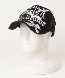 XU | ストリートファッション XU エックスユー cross damage mesh cap クロスダメージメッシュキャップ パッチワークロゴキャップ プリントロゴキャップ 十字架キャップ 韓国ファッション 韓国ストリート Y2K(キャップ)