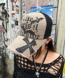 XU | ストリートファッション XU エックスユー cross damage mesh cap クロスダメージメッシュキャップ パッチワークロゴキャップ プリントロゴキャップ 十字架キャップ 韓国ファッション 韓国ストリート Y2K(キャップ)