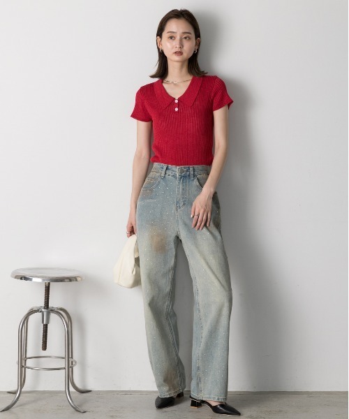 ad thie(アドティエ)の「ヴィンテージウォッシュ ストーン付きストレートデニム(デニムパンツ・レディース・ブルー・SMALL/MEDIUM)」の2枚目の写真
