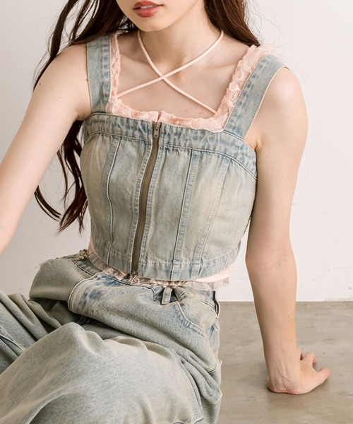 OLIVE des OLIVE（オリーブデオリーブ）の「【セットアップ対応】フロントジップデニムビスチェ（シャツ/ブラウス・レディース・ブラック/サックスブルー/ブルー・FREE）」の4枚目の写真