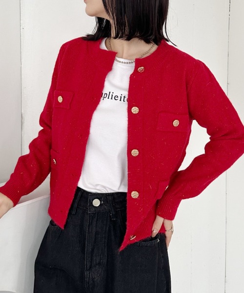セール】ゴールドボタンラメ入りニットカーディガン（カーディガン