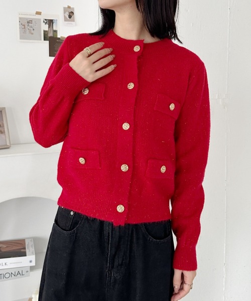 セール】ゴールドボタンラメ入りニットカーディガン（カーディガン