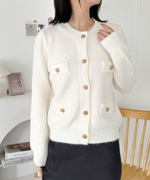 セール】ゴールドボタンラメ入りニットカーディガン（カーディガン