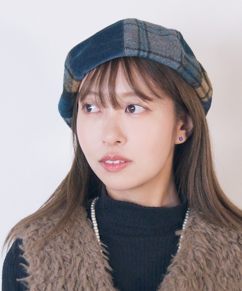 polcadot(ポルカドット)の「CRAZY PATCH BERET/チェック パッチワークベレー(ハンチング/ベレー帽・レディース・ネイビー/ベージュ/ブラウン・FREE)」の3枚目の写真